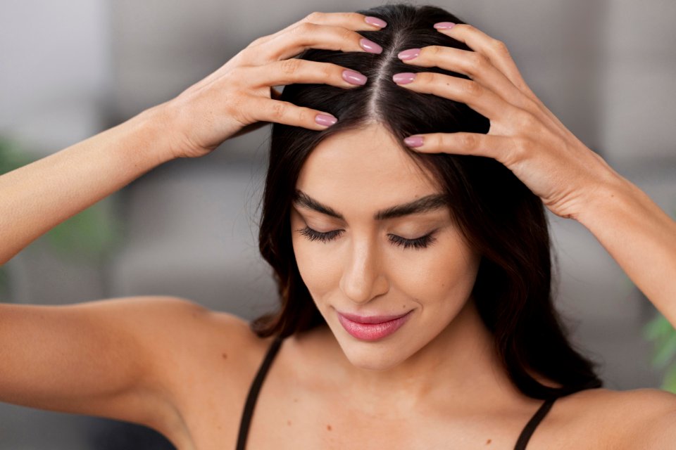A woman applying ayurvedic oil to her scalp