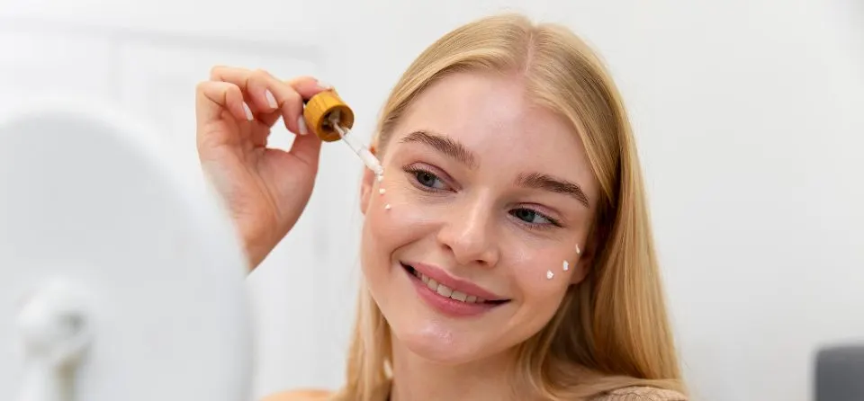 Woman applying Vitamin C serum as part of Ayurveda-inspired skincare routine for radiant, balanced skin