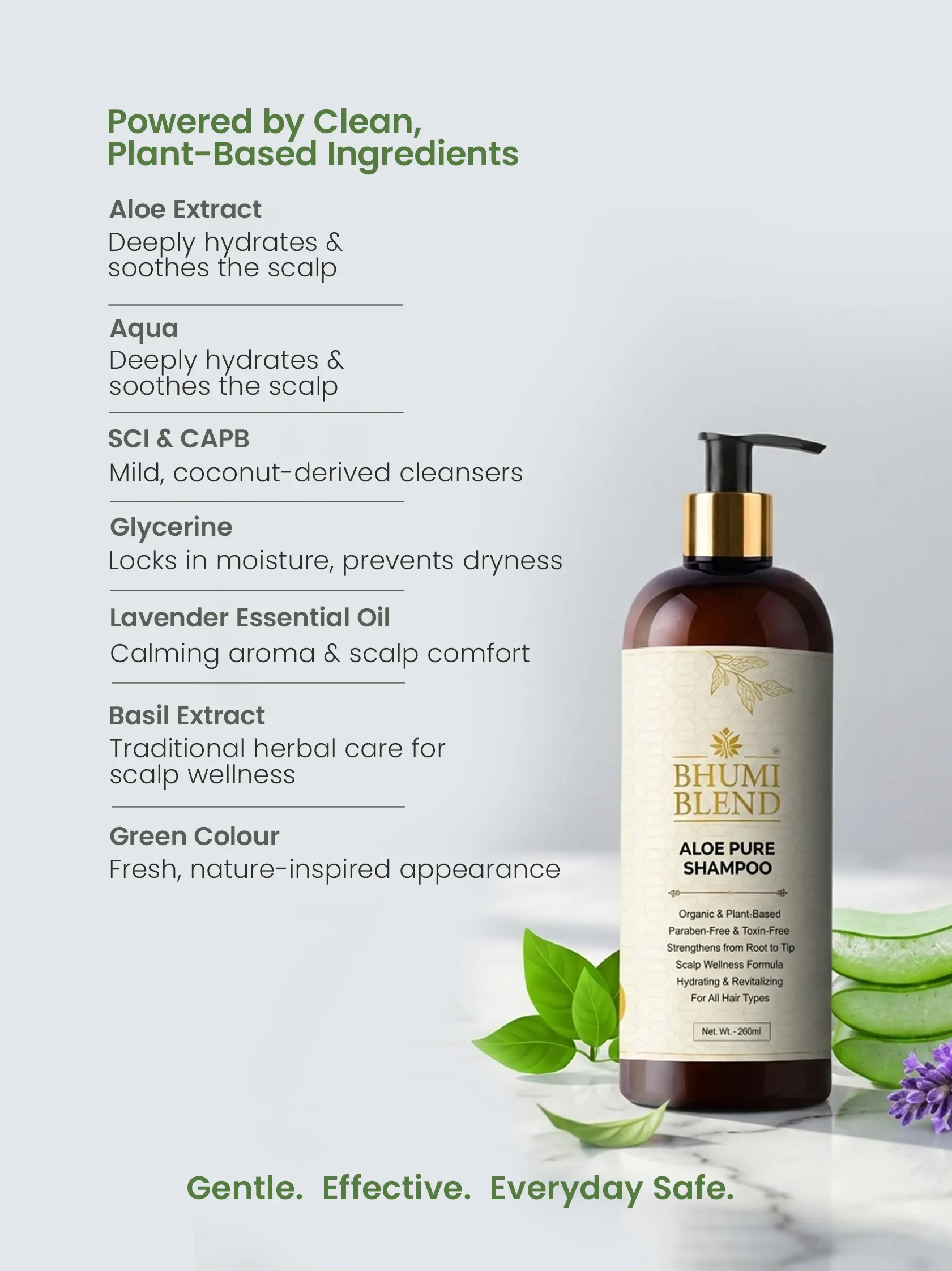 Aloe Pure Shampoo ingredients including aloe extract glycerine lavender and basil