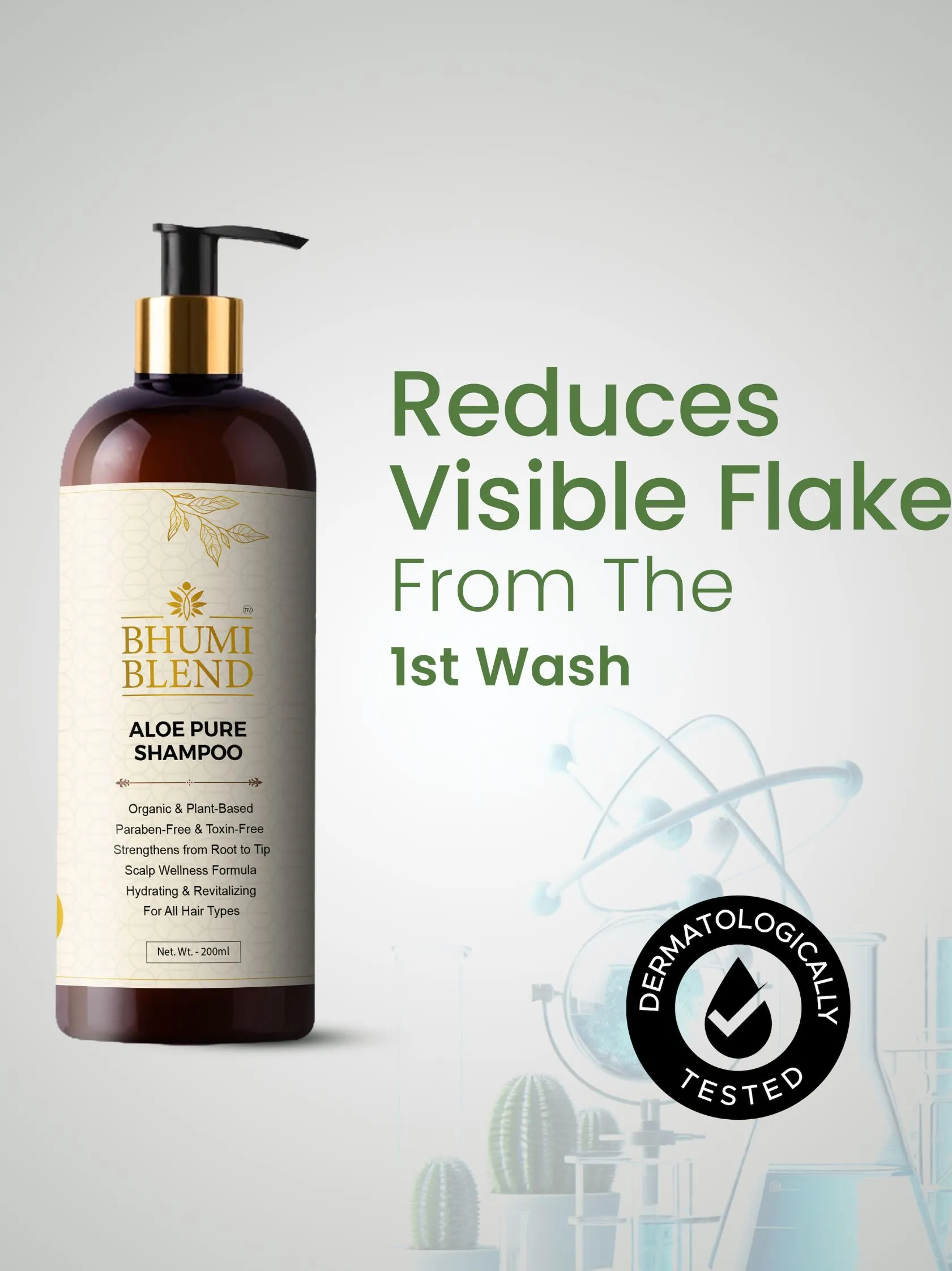 Aloe Pure Shampoo reduces visible flakes from first wash dermatologically tested