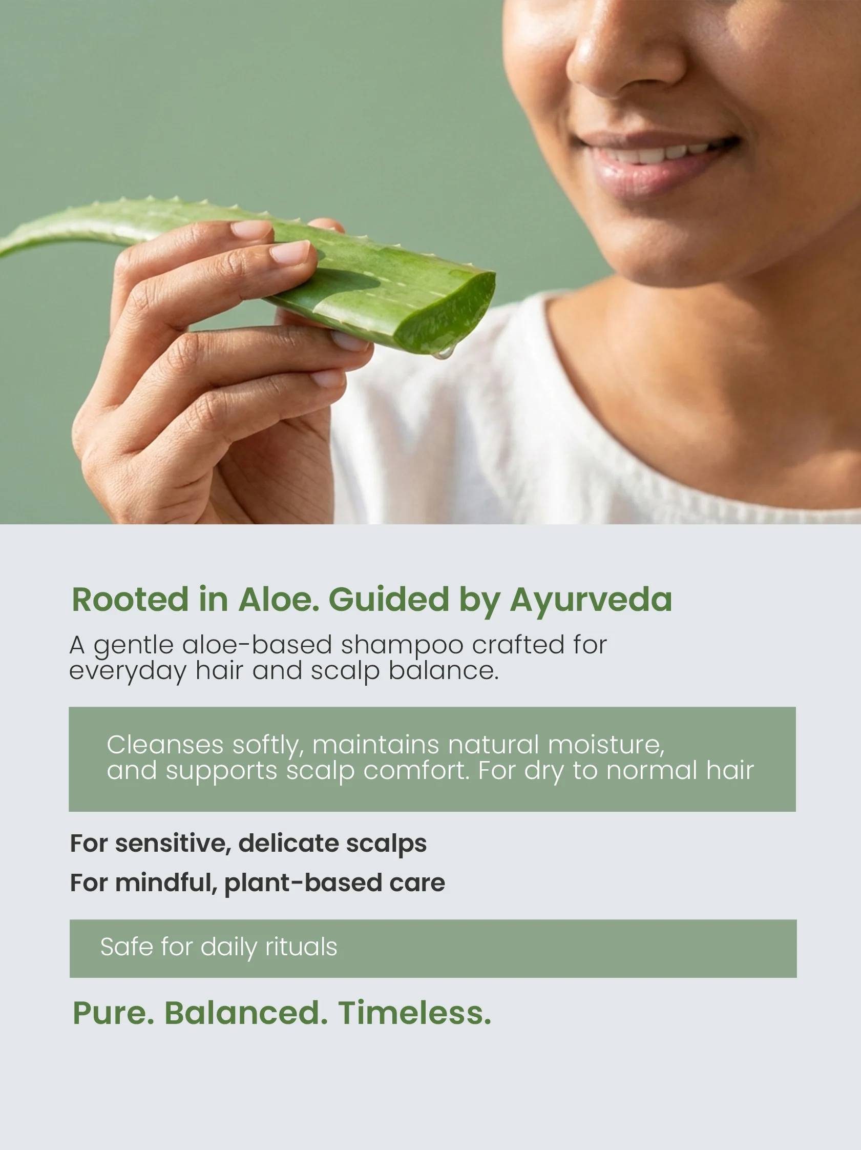 Woman holding fresh aloe vera leaf representing Aloe Pure Shampoo ingredients
